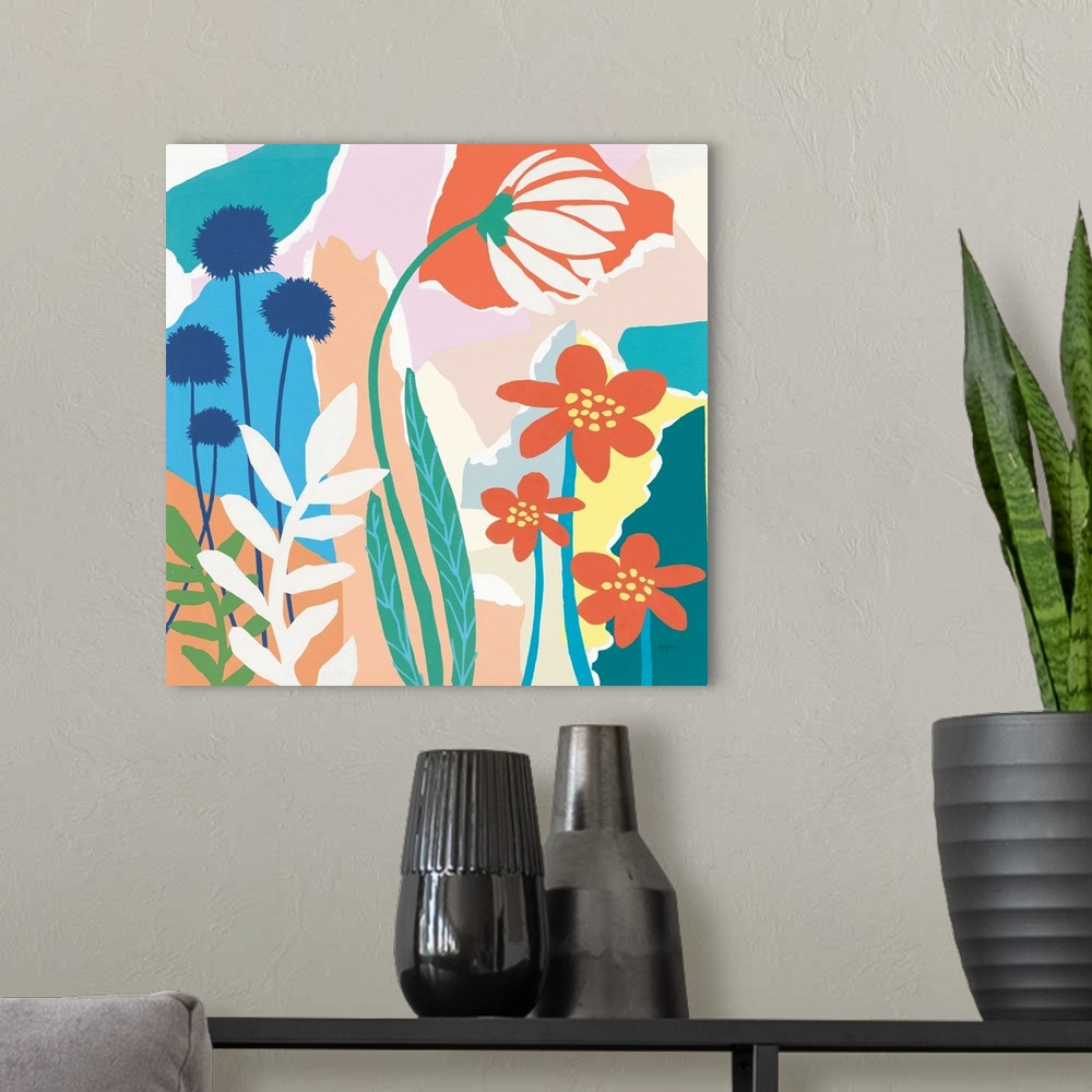 A modern room featuring Decorative artwork floral featuring colorful wildflower silhouettes.