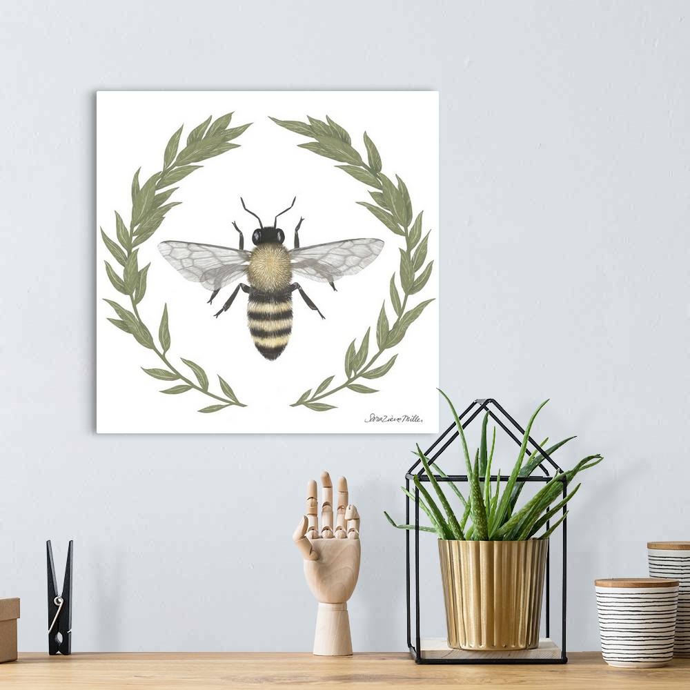 A bohemian room featuring Square illustration of a bumblebee framed with a wreath of leaves.
