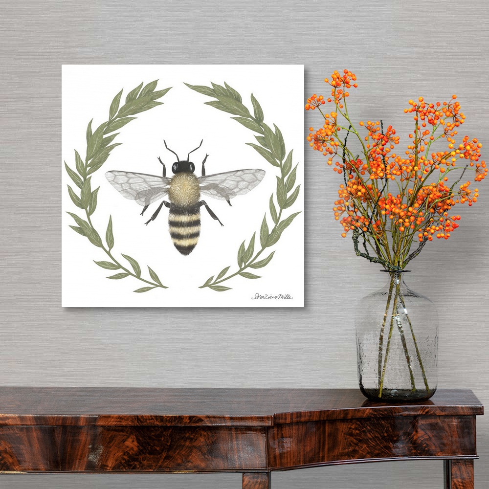A traditional room featuring Square illustration of a bumblebee framed with a wreath of leaves.
