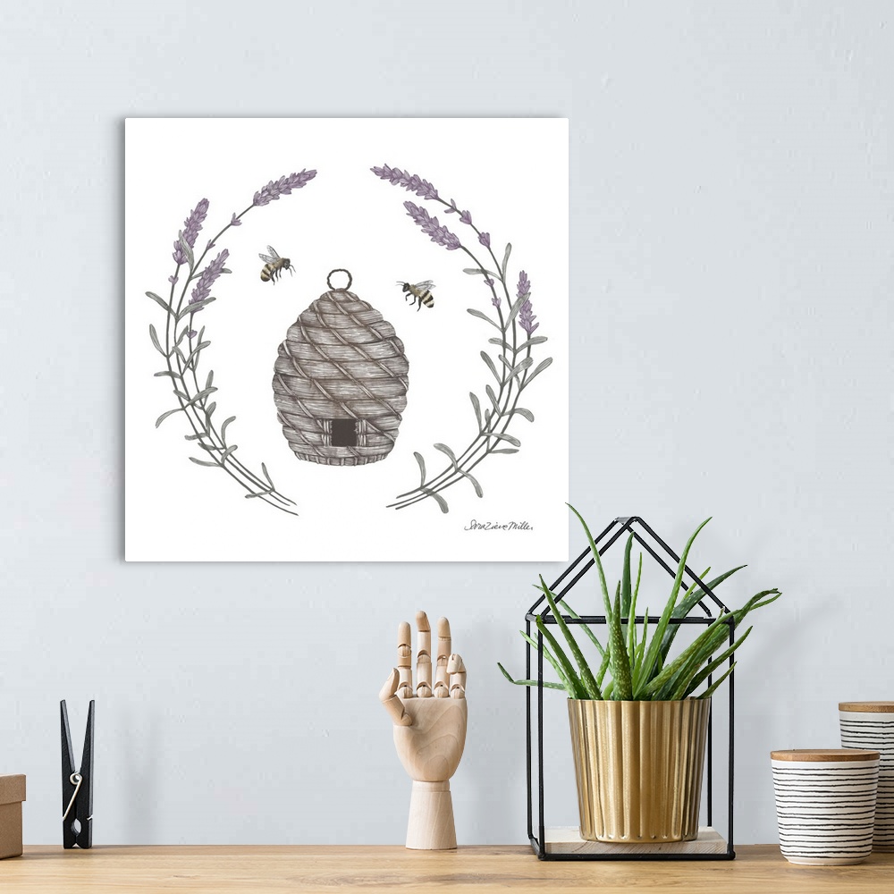 A bohemian room featuring Square illustration of a bumblebee hive framed with a wreath of lavender.