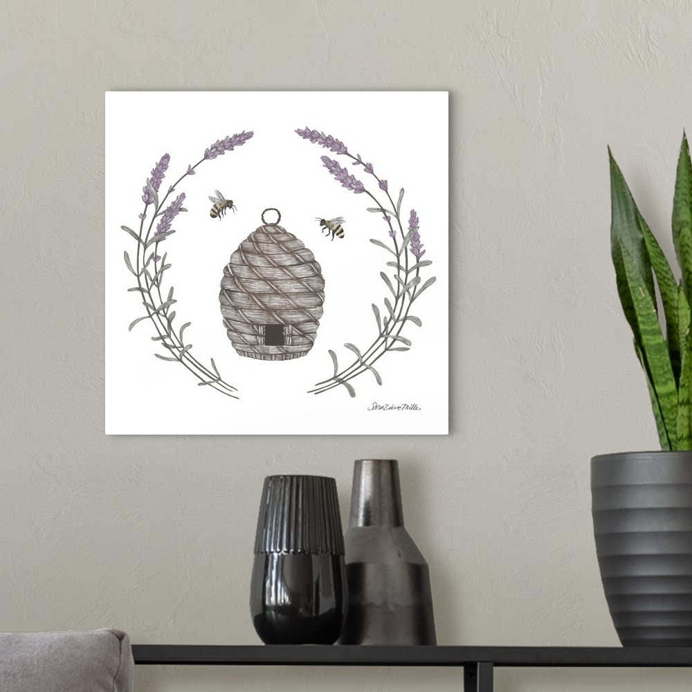 A modern room featuring Square illustration of a bumblebee hive framed with a wreath of lavender.