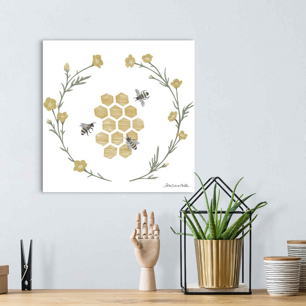 A bohemian room featuring Square illustration of honeycomb with bumblebees framed with a wreath of flowers.