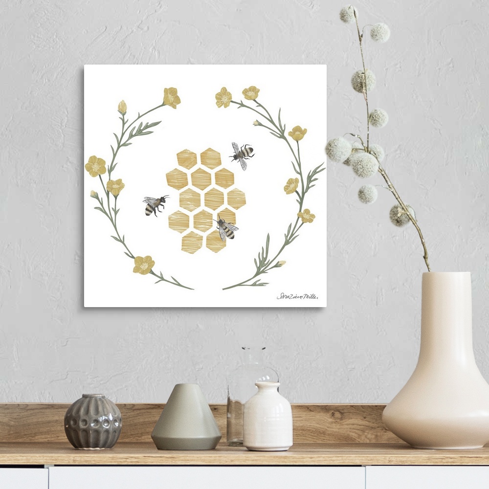 A farmhouse room featuring Square illustration of honeycomb with bumblebees framed with a wreath of flowers.