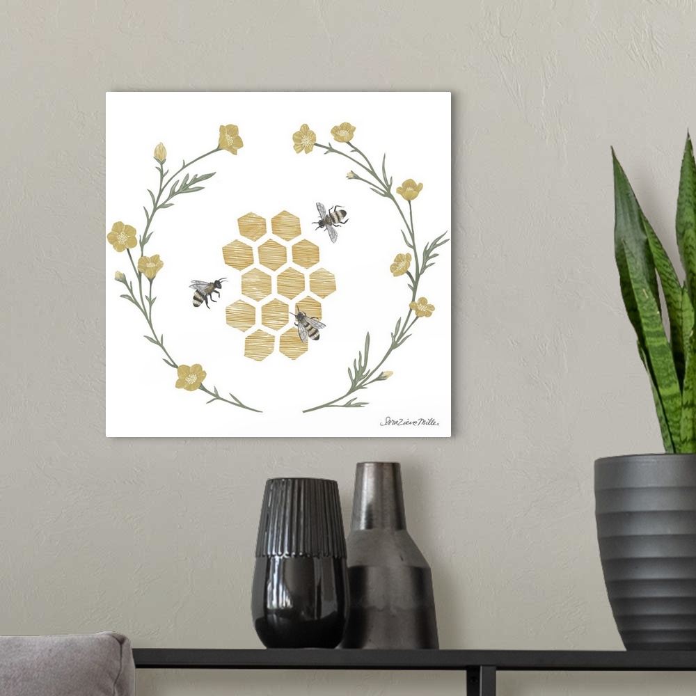 A modern room featuring Square illustration of honeycomb with bumblebees framed with a wreath of flowers.