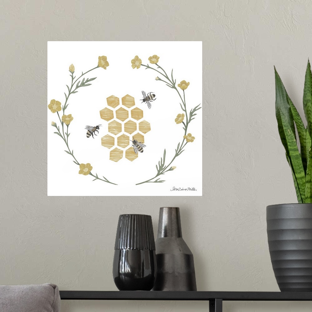 A modern room featuring Square illustration of honeycomb with bumblebees framed with a wreath of flowers.