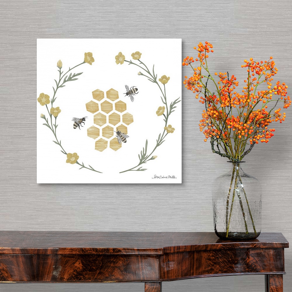 A traditional room featuring Square illustration of honeycomb with bumblebees framed with a wreath of flowers.