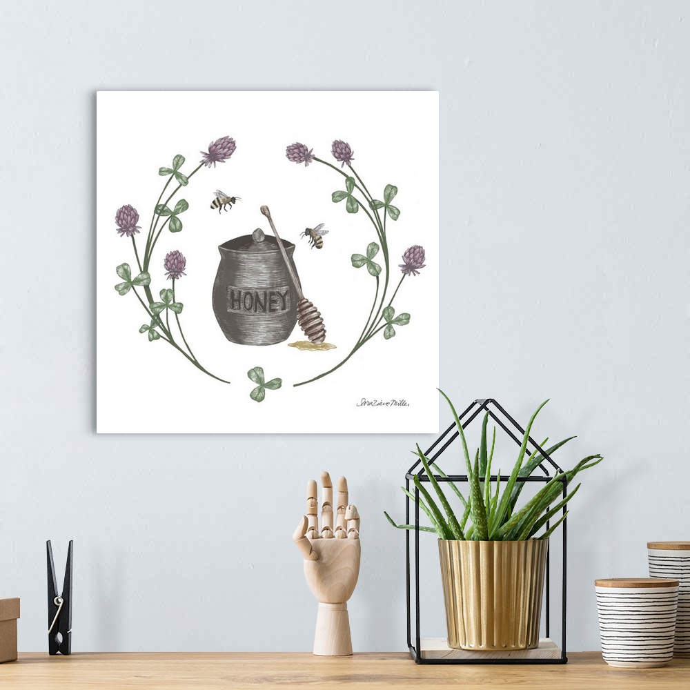 A bohemian room featuring Square illustration of a jar of honey with bumblebees framed with a wreath of flowers.