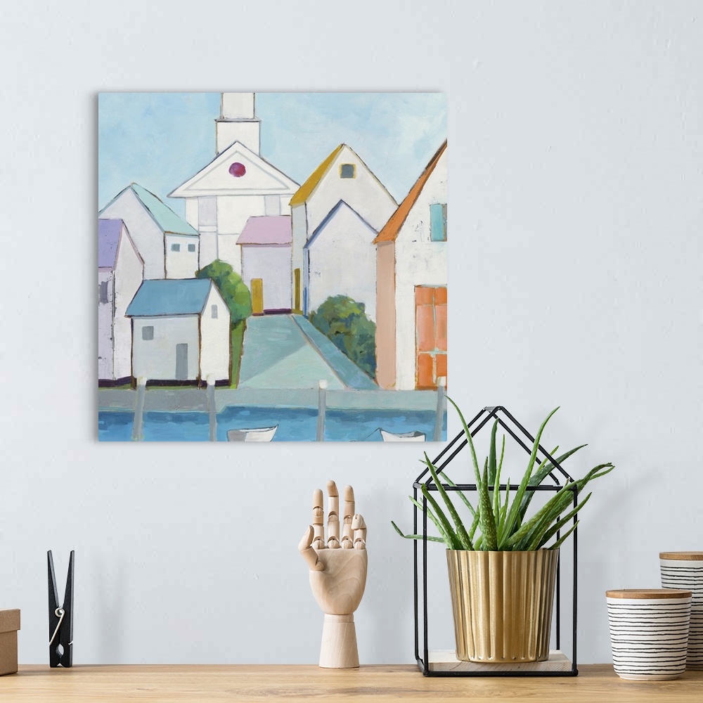 A bohemian room featuring Contemporary painting of a harbor town with different colored buildings stacked nicely together a...