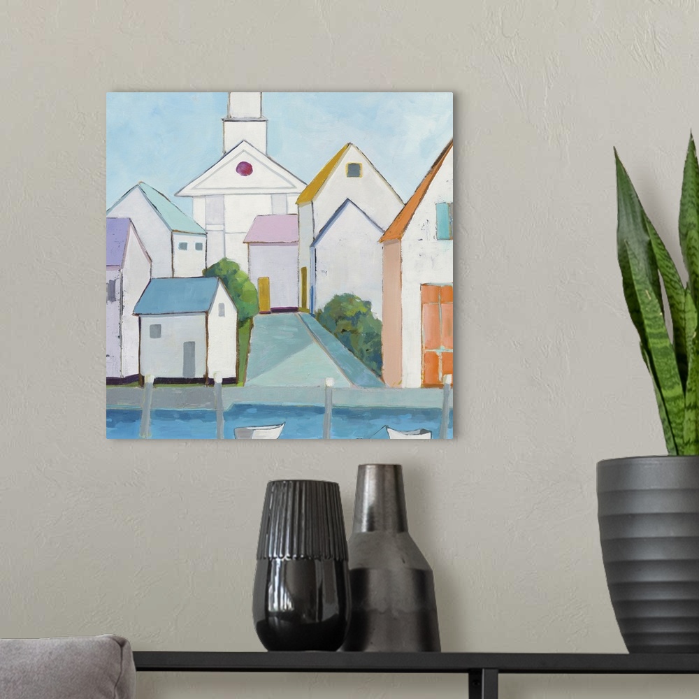 A modern room featuring Contemporary painting of a harbor town with different colored buildings stacked nicely together a...