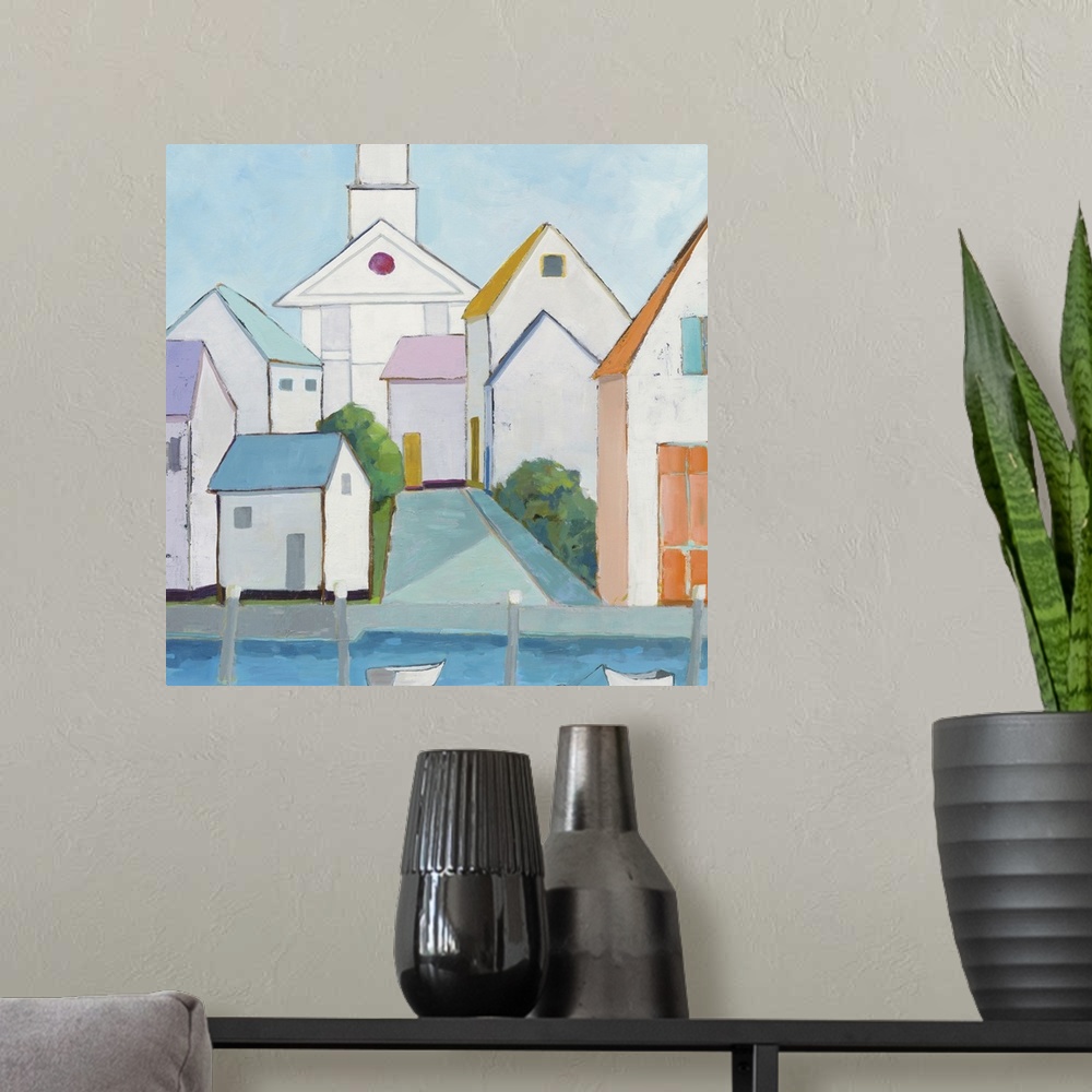 A modern room featuring Contemporary painting of a harbor town with different colored buildings stacked nicely together a...