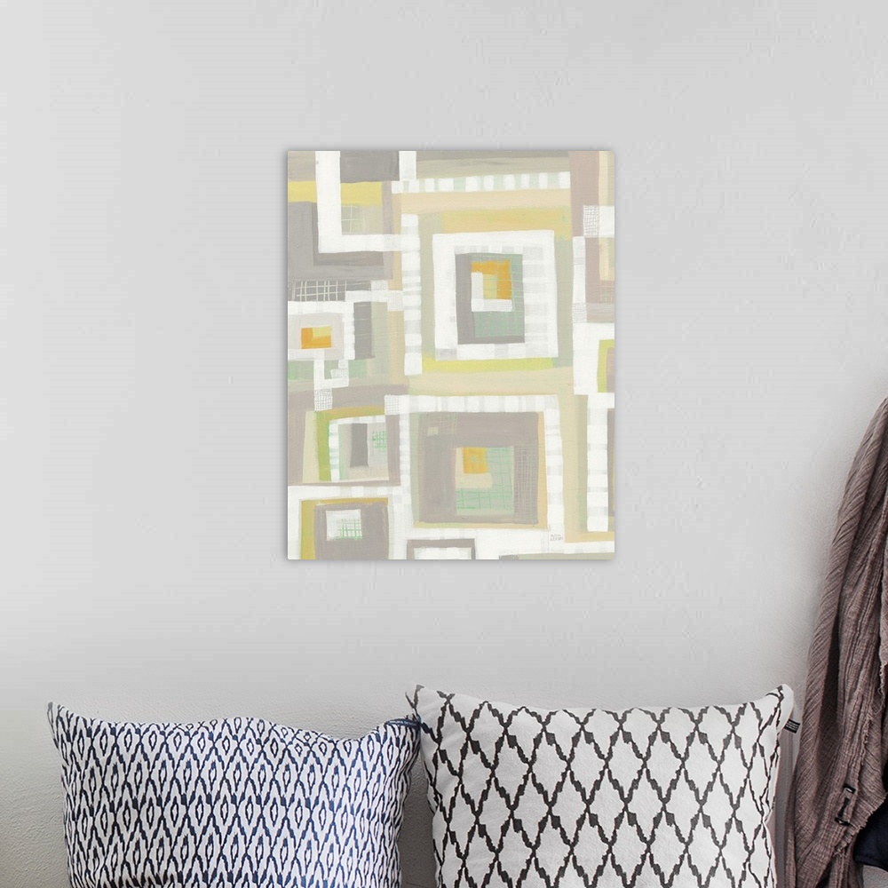 A bohemian room featuring Vertical abstract painting with pastel colors and geometric designs.