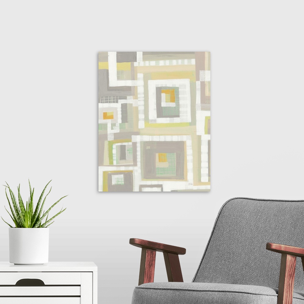 A modern room featuring Vertical abstract painting with pastel colors and geometric designs.