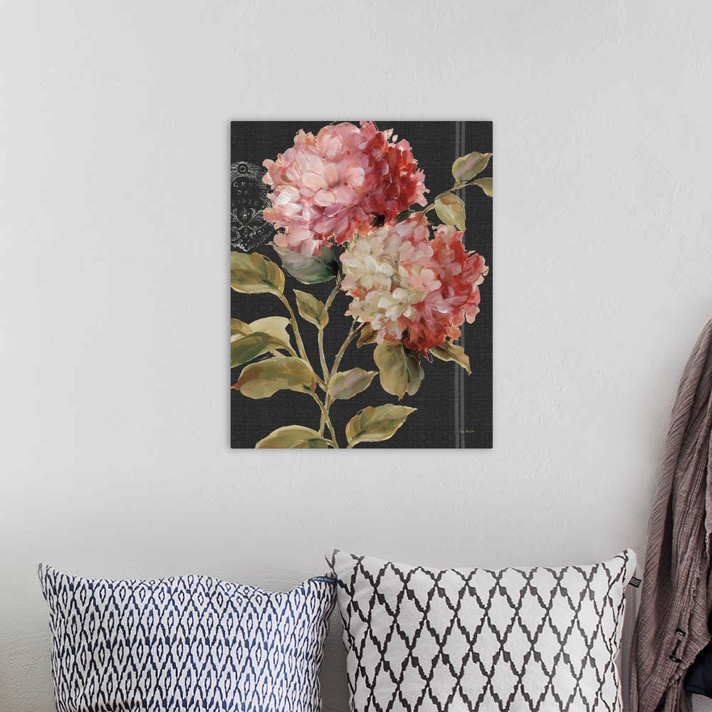 A bohemian room featuring Large painted pink hydrangea on a black background with a white design.
