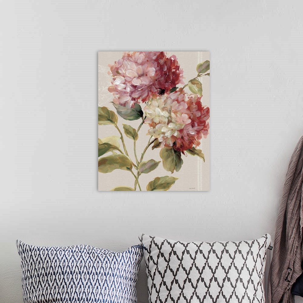 A bohemian room featuring Contemporary painting of pink hydrangeas against a neutral background.