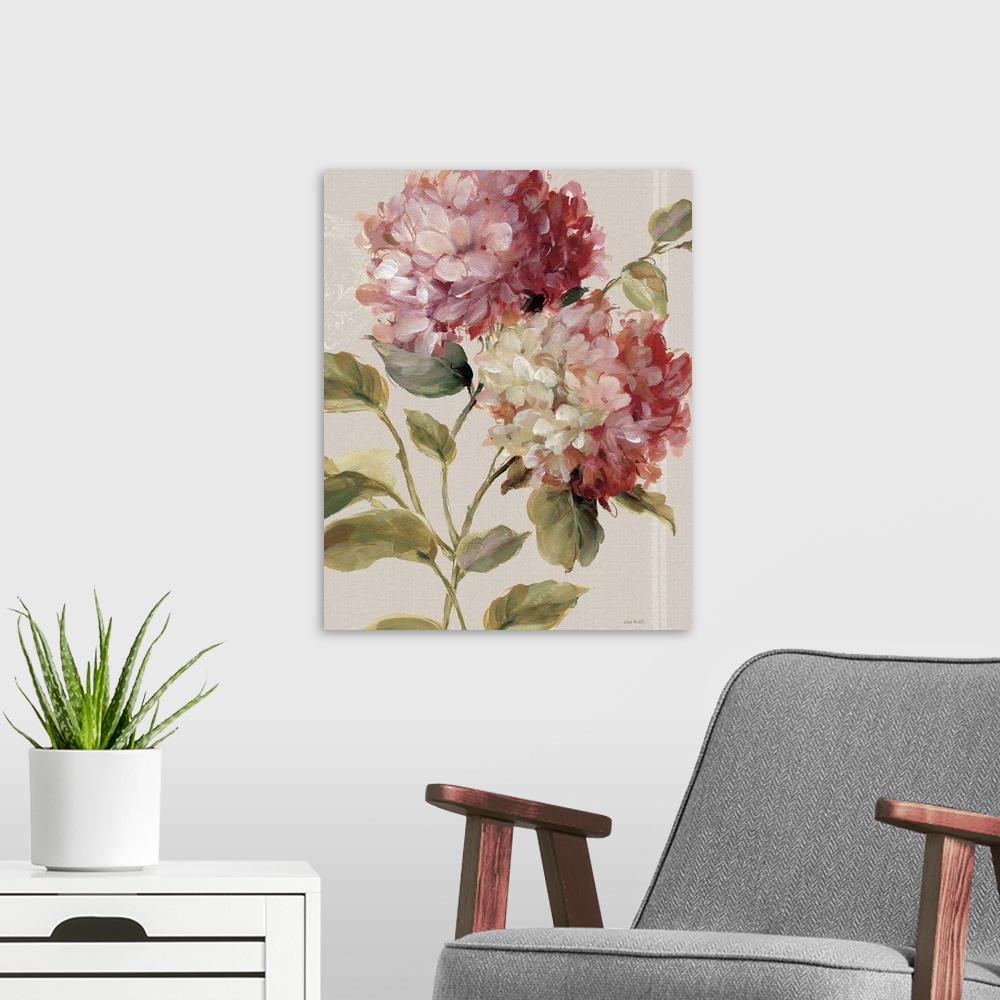 A modern room featuring Contemporary painting of pink hydrangeas against a neutral background.