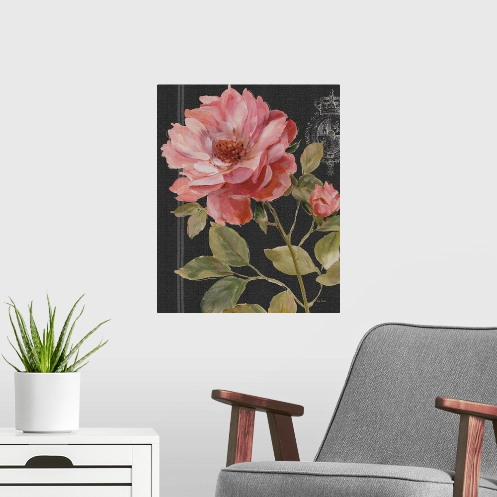 A modern room featuring Large painted pink rose on a black background with a white design.