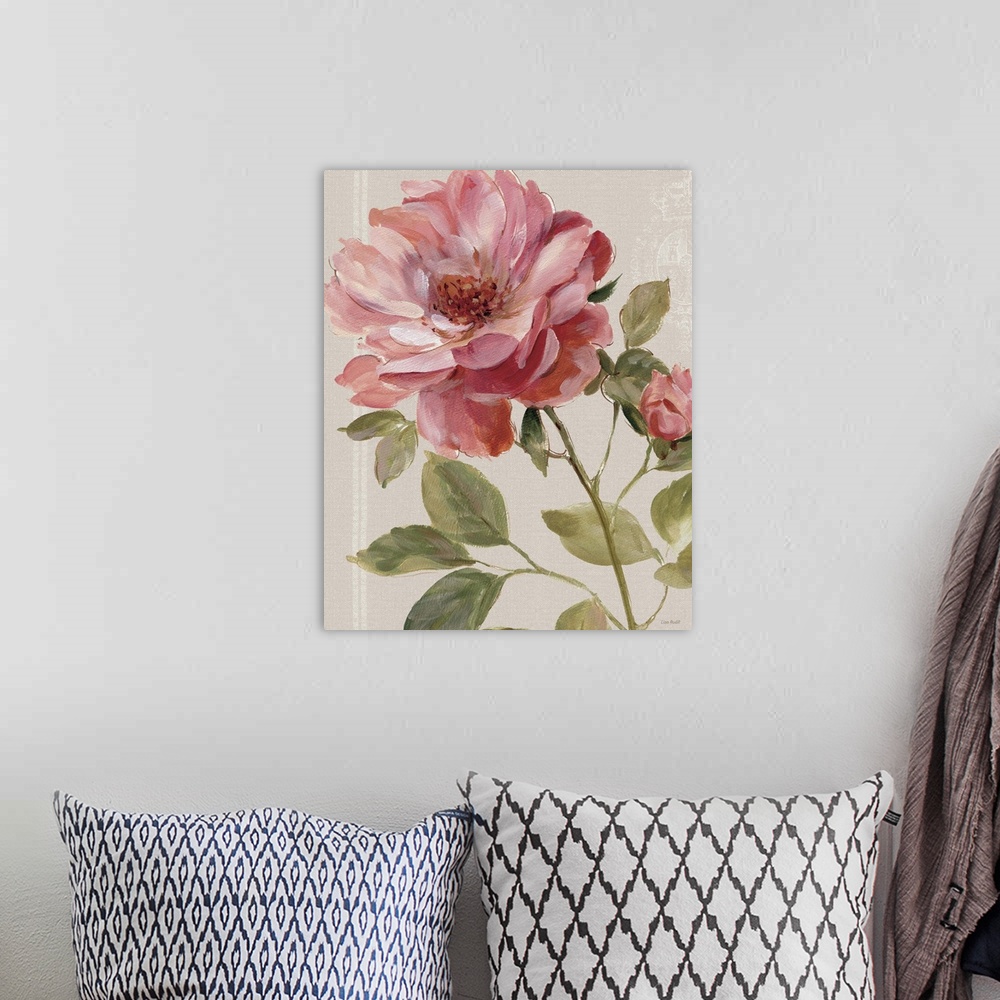 A bohemian room featuring Contemporary painting of a pink rose against a neutral background.