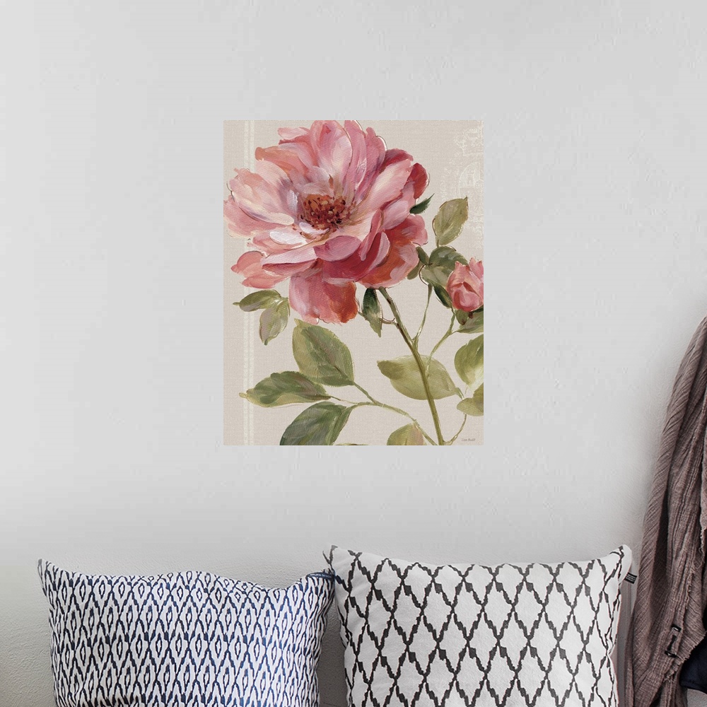 A bohemian room featuring Contemporary painting of a pink rose against a neutral background.