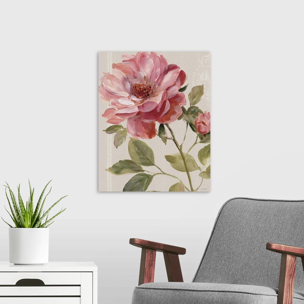 A modern room featuring Contemporary painting of a pink rose against a neutral background.