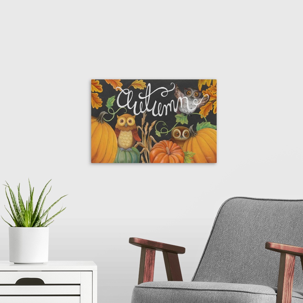 A modern room featuring Autumn chalkboard art of owls, pumpkins, and fall leaves with the word "Autumn" written in white ...