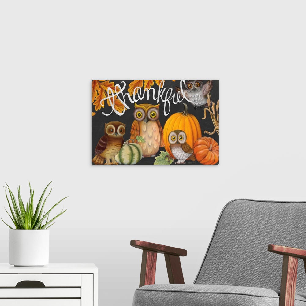A modern room featuring Autumn chalkboard art of owls, pumpkins, and fall leaves with the phrase "Thankful" written in wh...