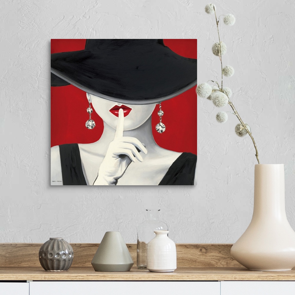 A farmhouse room featuring A square painting of a stylish woman in a black dress, her face obstructed by a black hat, white ...