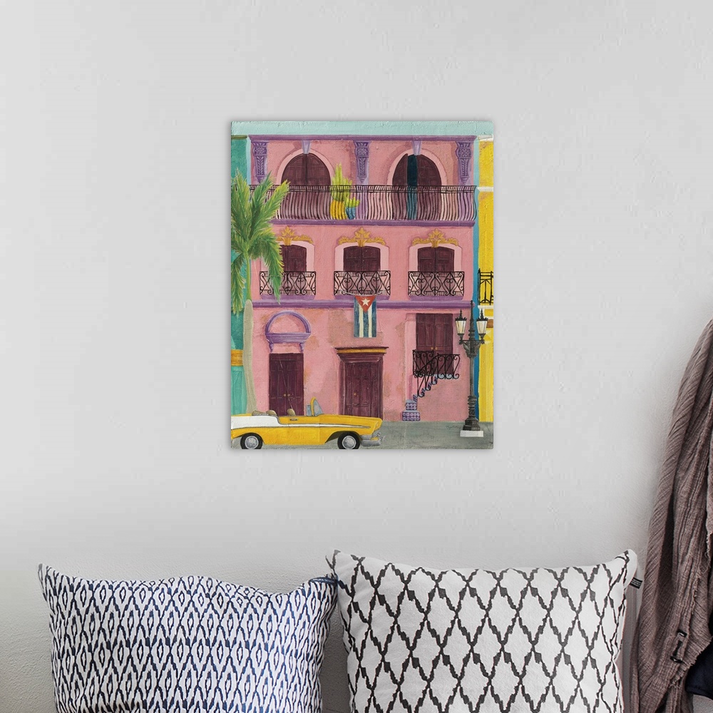 A bohemian room featuring Vertical contemporary painting of a colorful pink building in Havana with a yellow vintage car pa...