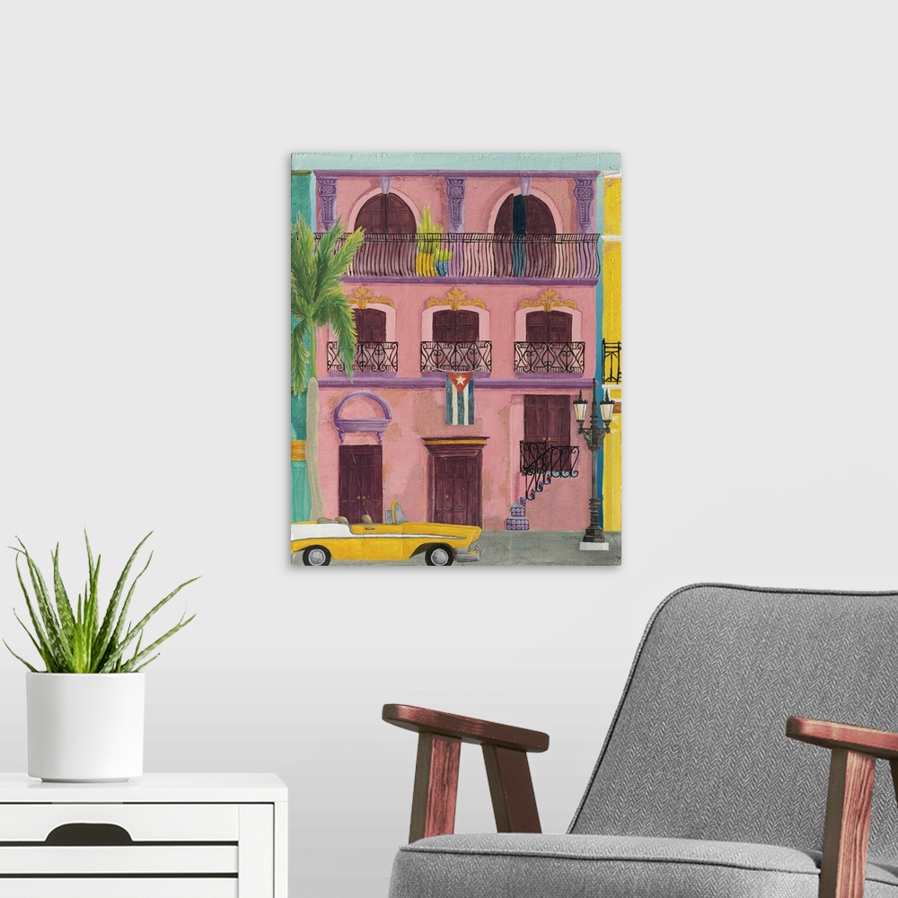 A modern room featuring Vertical contemporary painting of a colorful pink building in Havana with a yellow vintage car pa...