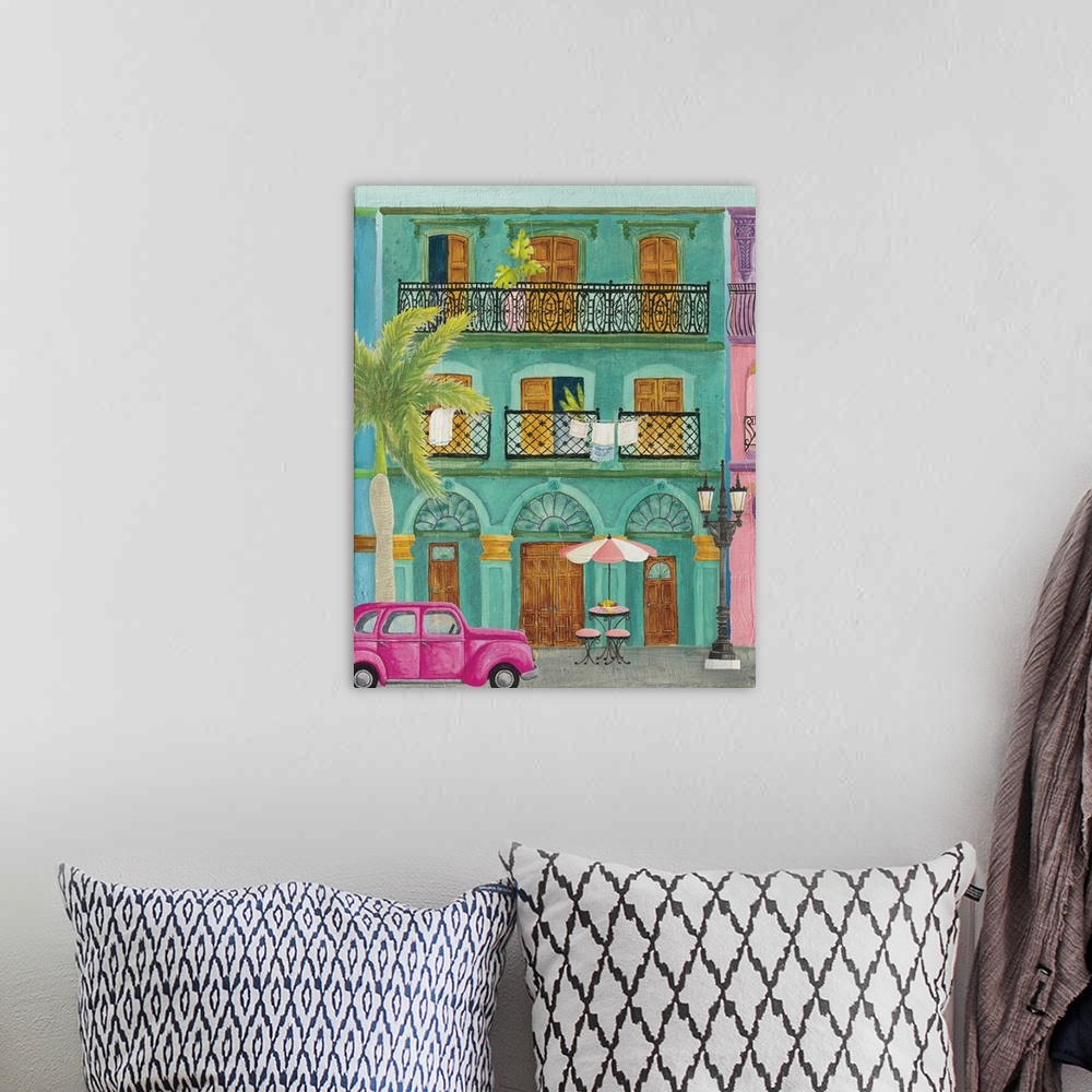 A bohemian room featuring Vertical contemporary painting of a colorful teal building in Havana with a pink vintage car park...