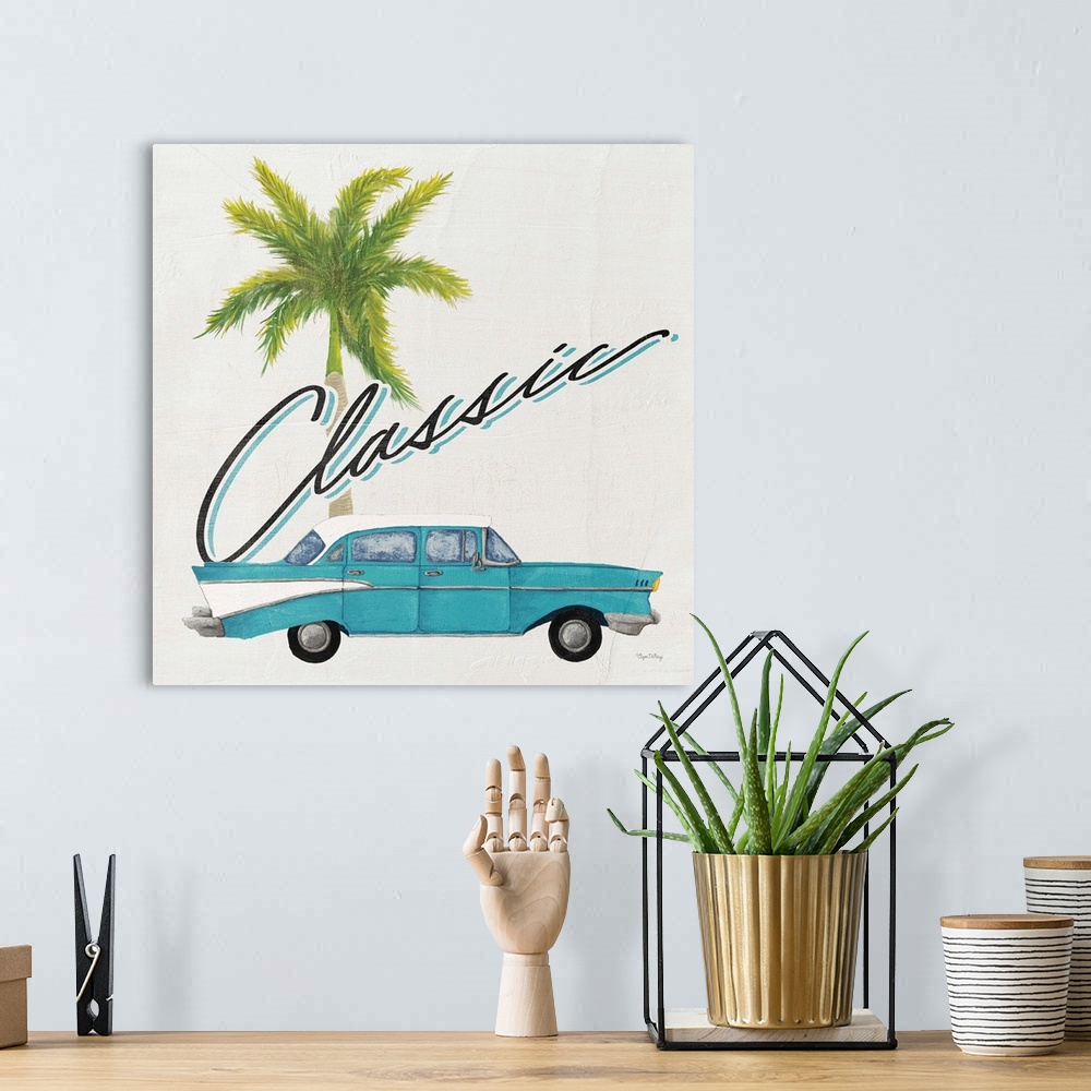A bohemian room featuring Square contemporary design of a classic car and palm tree with the text "Classic".