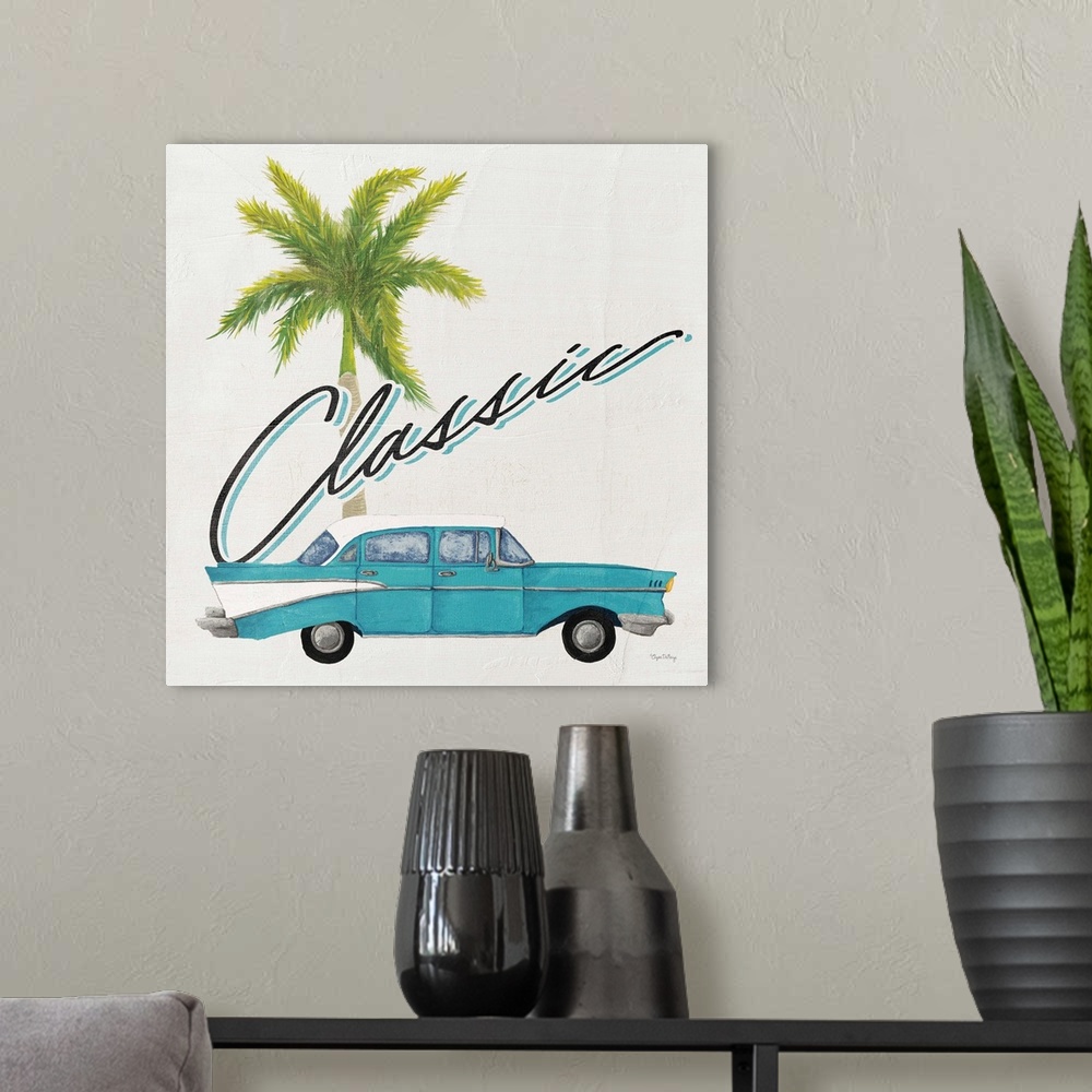 A modern room featuring Square contemporary design of a classic car and palm tree with the text "Classic".