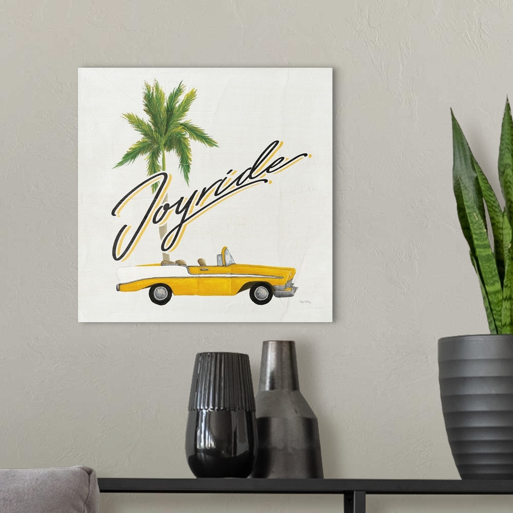 A modern room featuring Square contemporary design of a classic car and palm tree with the text "Joyride".