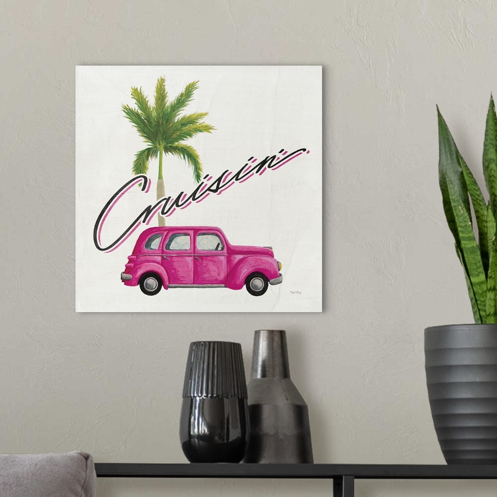 A modern room featuring Square contemporary design of a classic car and palm tree with the text "Cruisin'".