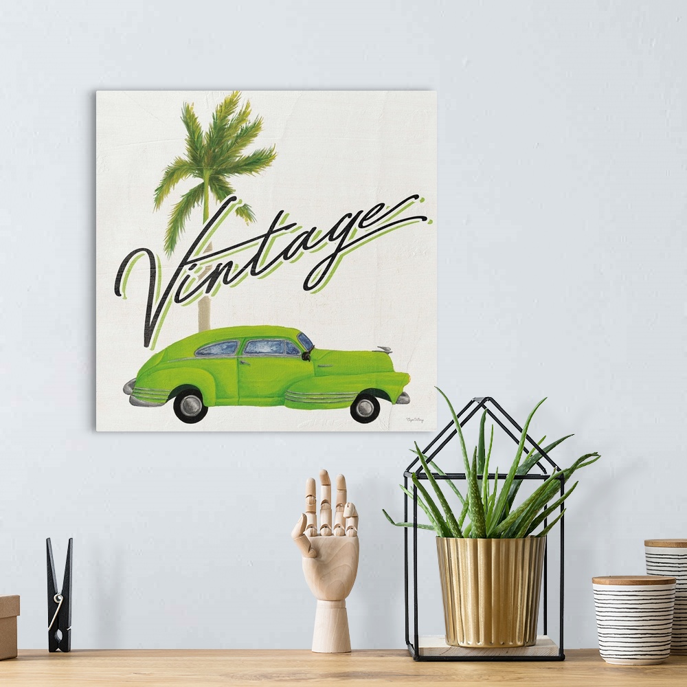 A bohemian room featuring Square contemporary design of a classic car and palm tree with the text "Vintage".