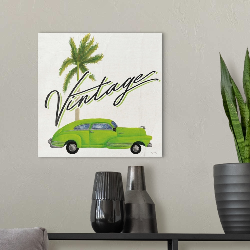 A modern room featuring Square contemporary design of a classic car and palm tree with the text "Vintage".