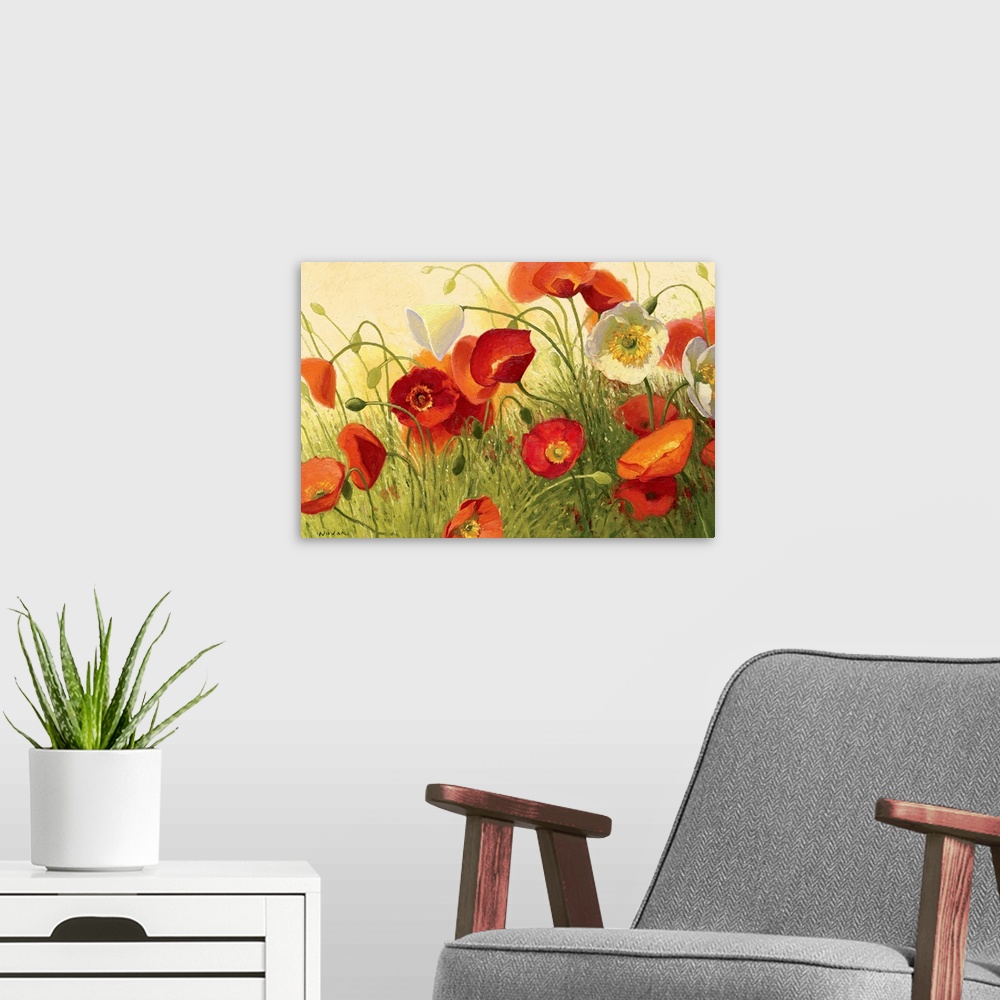 A modern room featuring Contemporary painting of flowers, buds, and tall grass.  Some of the plants are bent over from la...