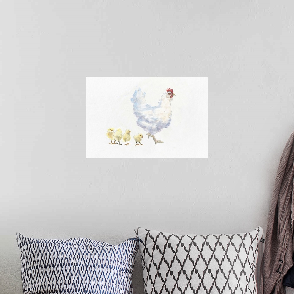 A bohemian room featuring A contemporary painting of a hen and chicks against a white background.