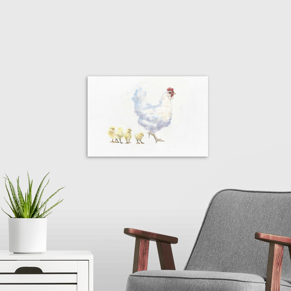 A modern room featuring A contemporary painting of a hen and chicks against a white background.