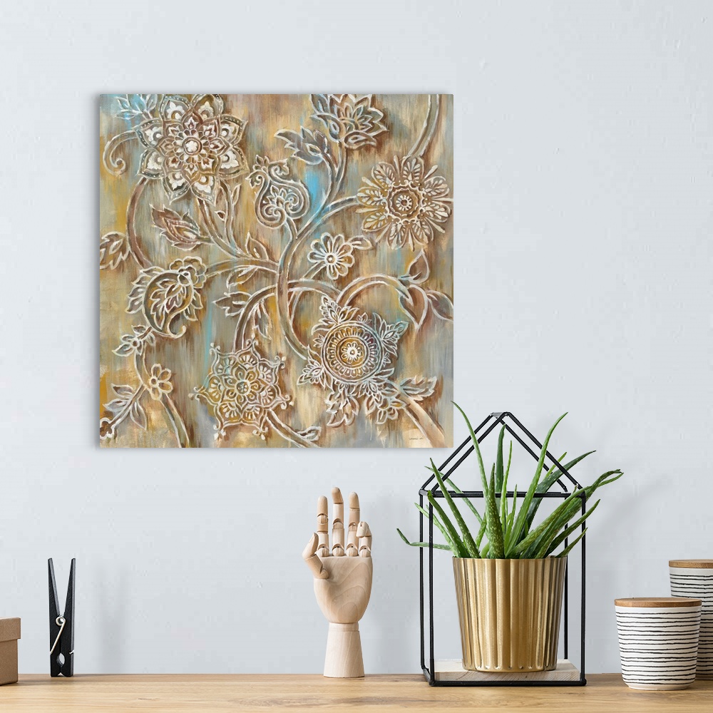 A bohemian room featuring Square abstract painting with white henna designs on a neutral colored background with hints of s...