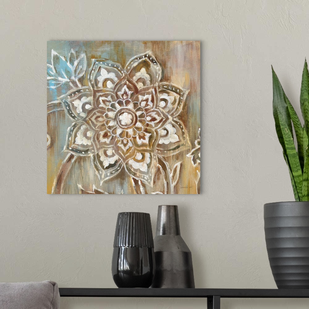 A modern room featuring Square painting of henna style art with neutral colors and a touch of light blue.