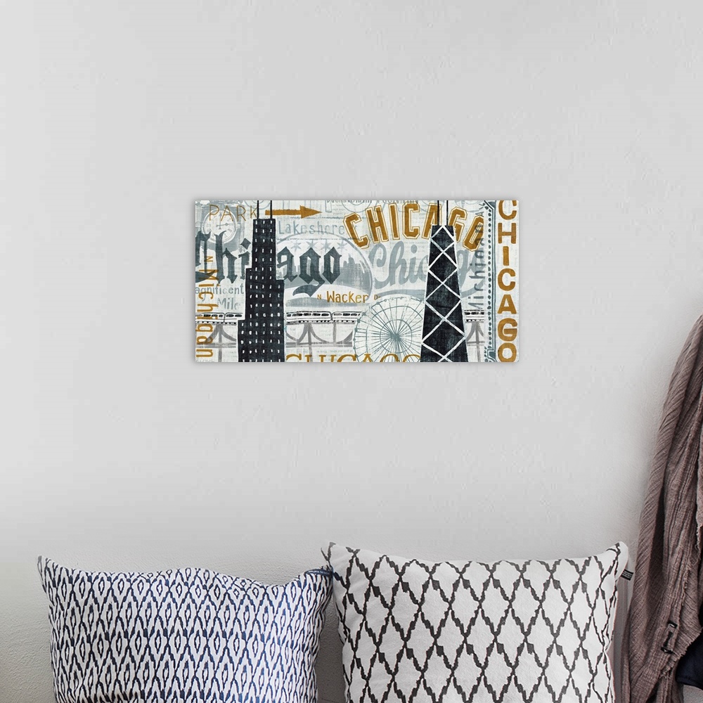 A bohemian room featuring Giant canvas art includes a plethora of typography for the largest city in Illinois.  Artist also...