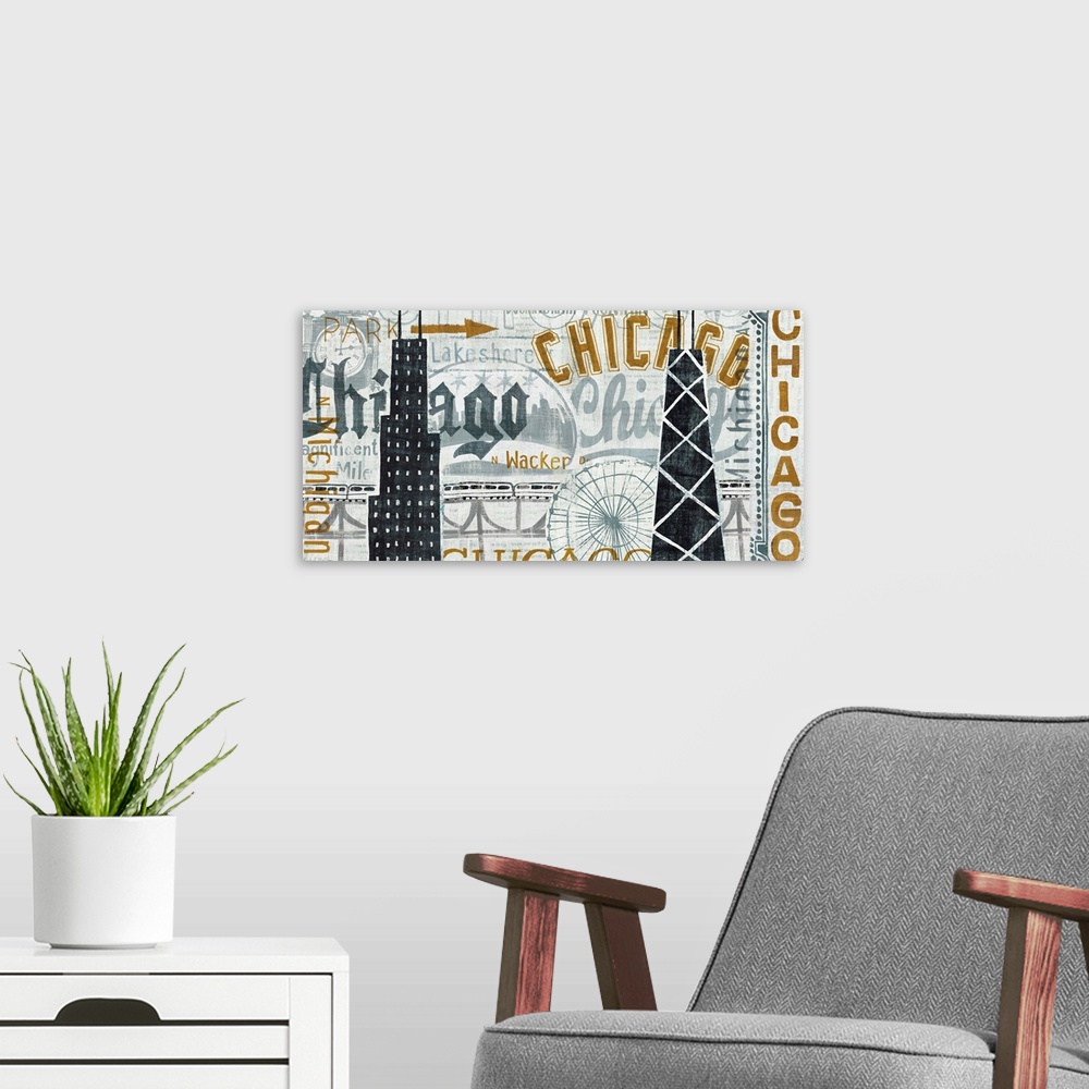A modern room featuring Giant canvas art includes a plethora of typography for the largest city in Illinois.  Artist also...