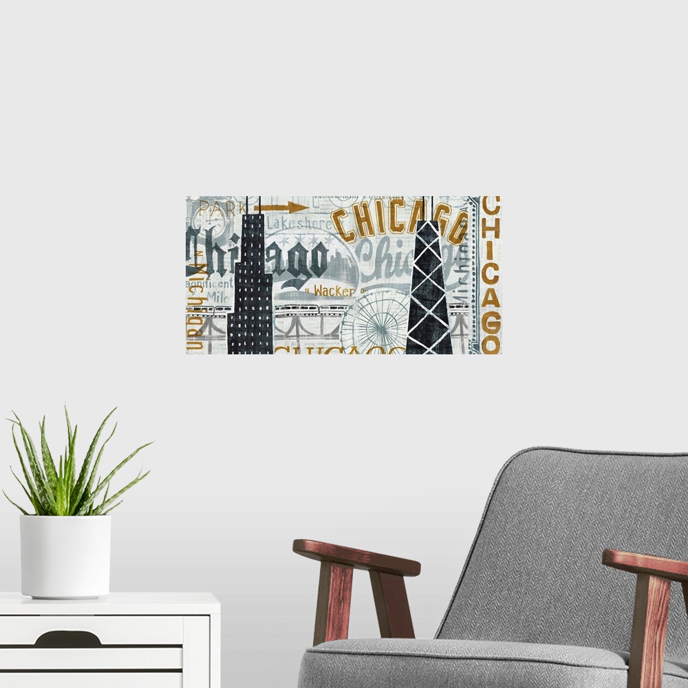 A modern room featuring Giant canvas art includes a plethora of typography for the largest city in Illinois.  Artist also...