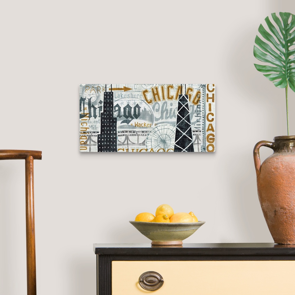 A traditional room featuring Giant canvas art includes a plethora of typography for the largest city in Illinois.  Artist also...