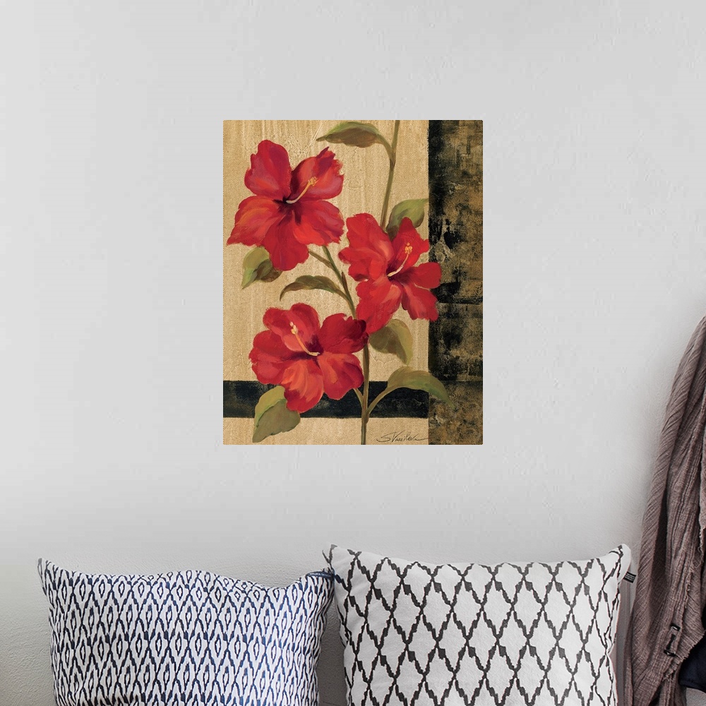 A bohemian room featuring Contemporary painting of three tropical flowers on one long stem against an earthy, textured back...