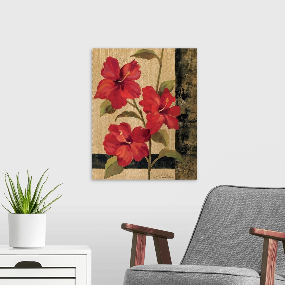 A modern room featuring Contemporary painting of three tropical flowers on one long stem against an earthy, textured back...