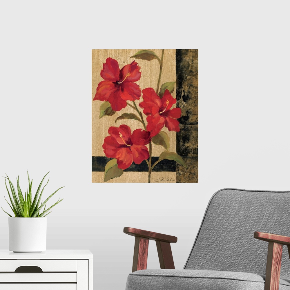 A modern room featuring Contemporary painting of three tropical flowers on one long stem against an earthy, textured back...