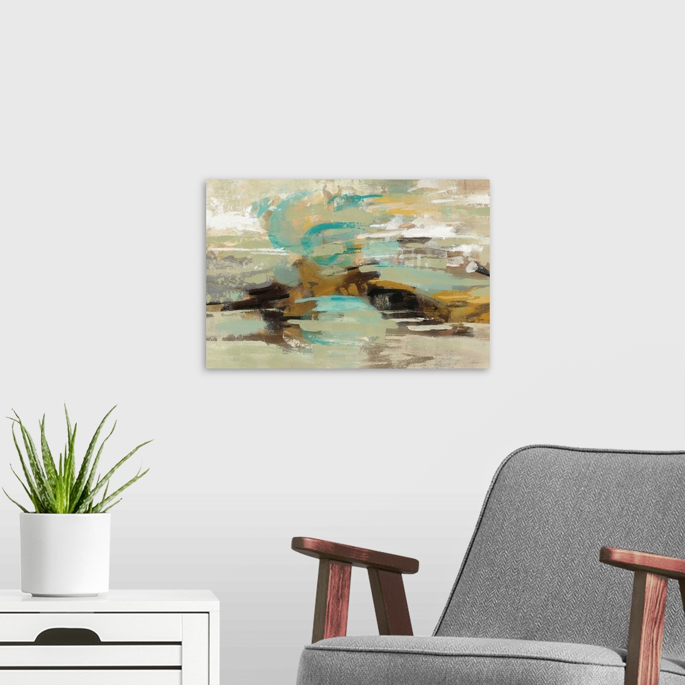 A modern room featuring Large abstract painting made with horizontal brushstrokes and green, gold, blue, and brown hues, ...