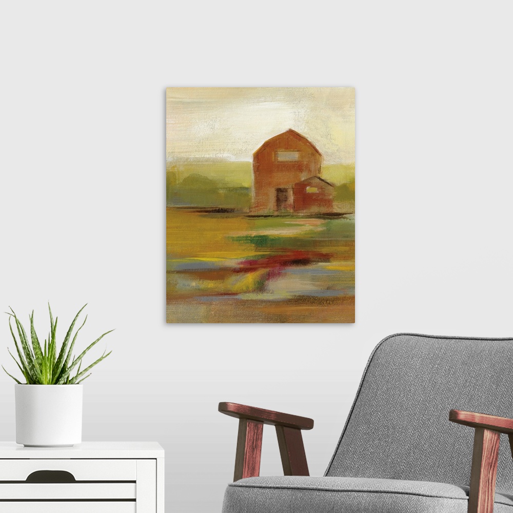 A modern room featuring Contemporary painting of a barn with an abstract landscape in an Autumn color palette.