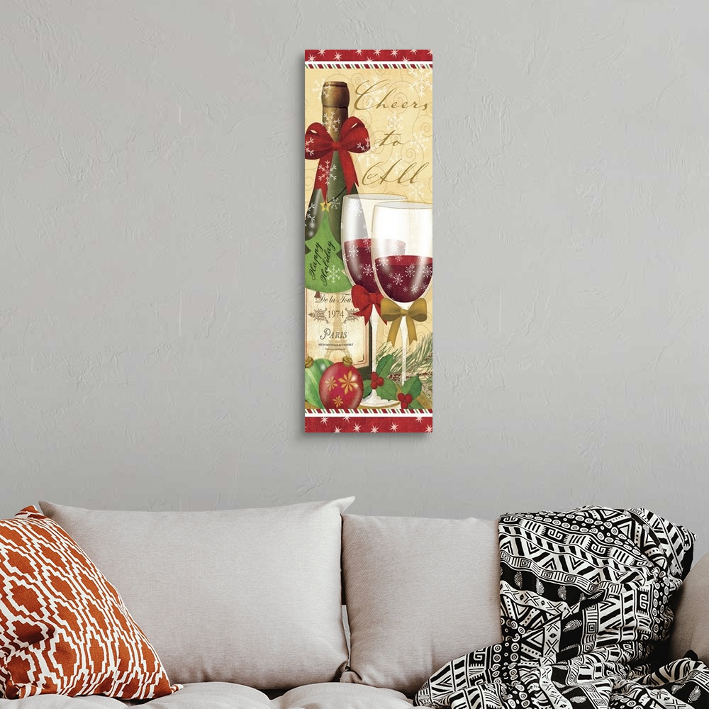 A bohemian room featuring Contemporary artwork of a Christmas scene of glasses of red wine next to a bottle of wine.